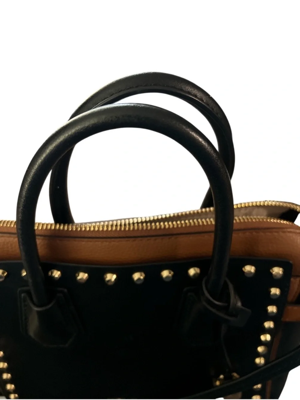 Michael Kors Black and Brown Studded Leather Satchel with Gold Hardware